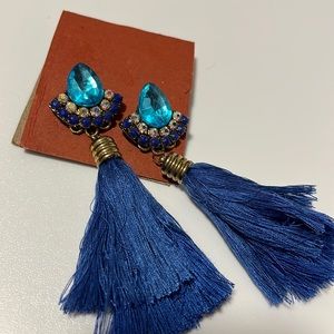 Blue fringe + rhinestone statement earrings